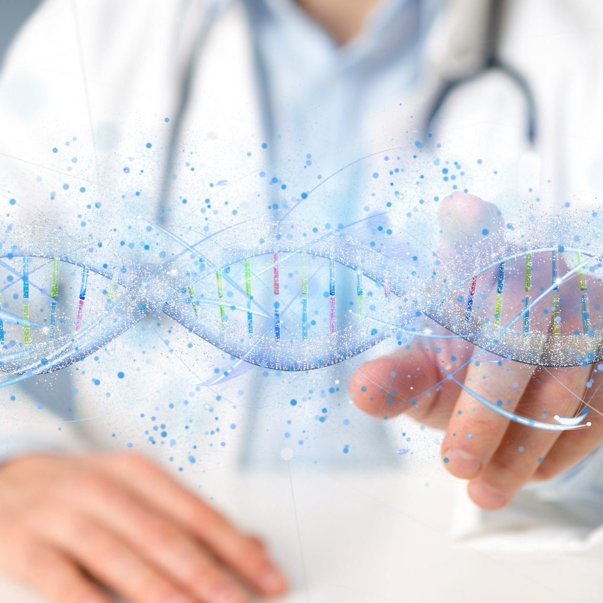 View of a Doctor holding a 3d render DNA